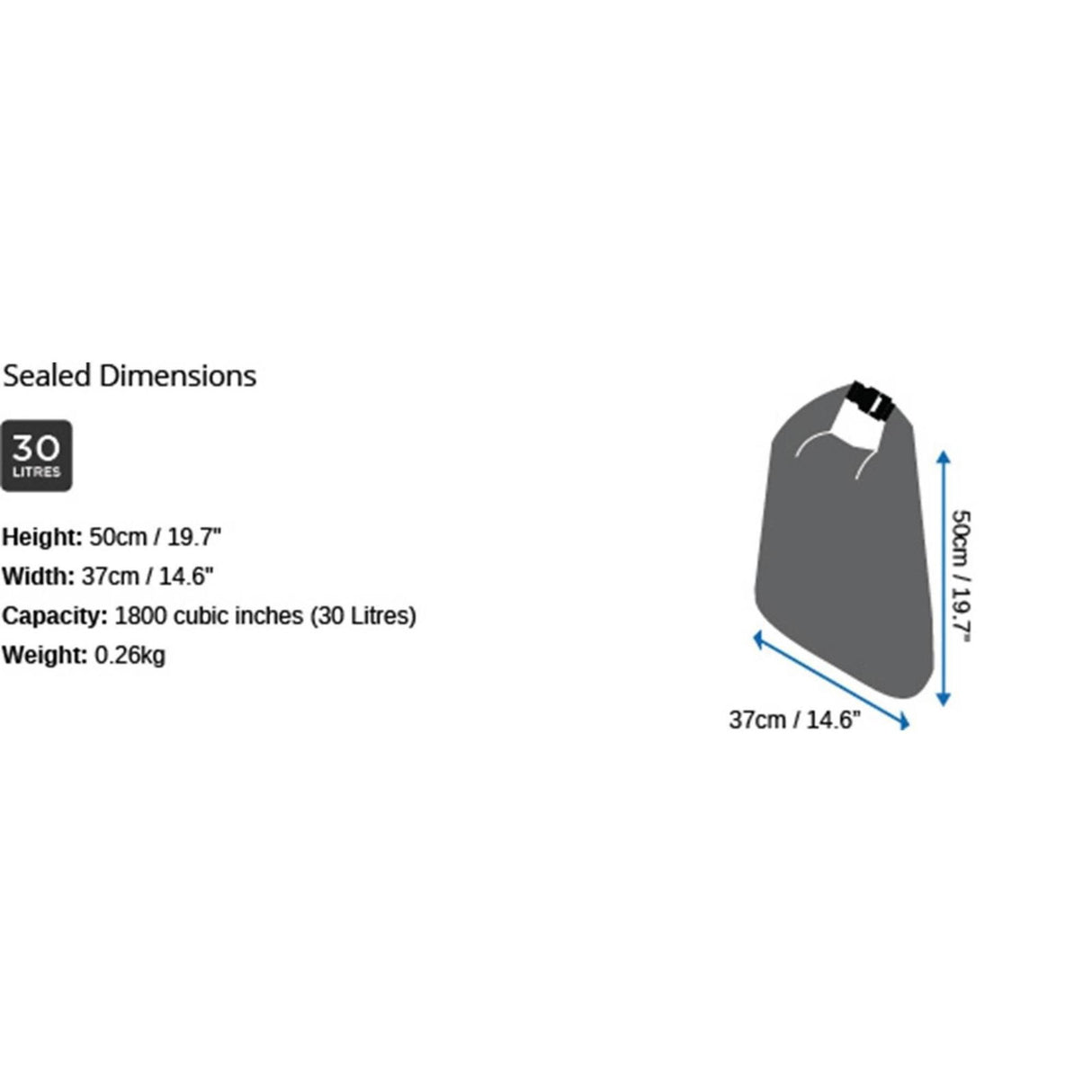 OverBoard wasserdichte Tasche 30L grau mit Maßangaben und Verschlusssystem, Seitenansicht