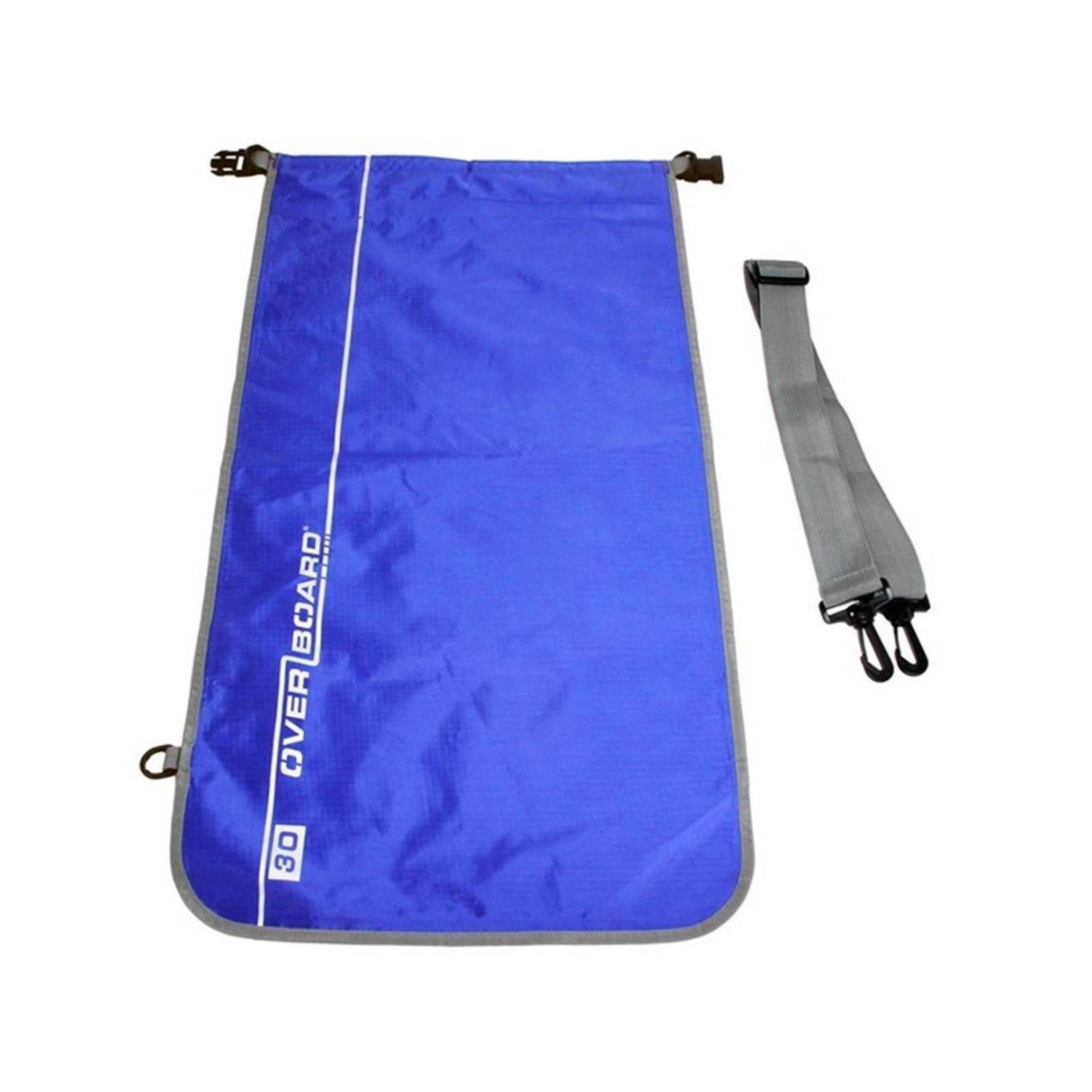 OverBoard wasserdichte Tasche 30L in Blau mit grauem Schultergurt und Rollverschluss, Frontalansicht