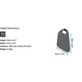 OverBoard wasserdichte Tasche 30 Liter grau mit Maßangaben, Draufsicht, Rollverschluss