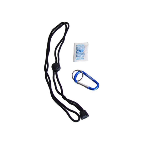 OverBoard PROSPORT Wasserdichte Armtasche schwarz mit schwarzem Trageband, blauem Karabiner und Trockenmittelbeutel, Draufsicht