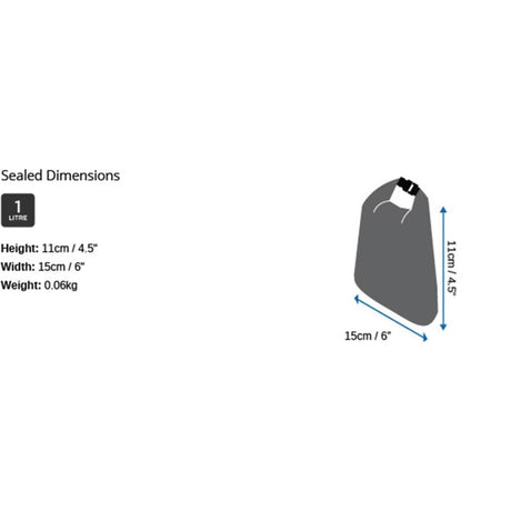 OverBoard wasserdichter Beutel 1 Liter in Grau mit Rollverschluss, Draufsicht mit Maßangaben