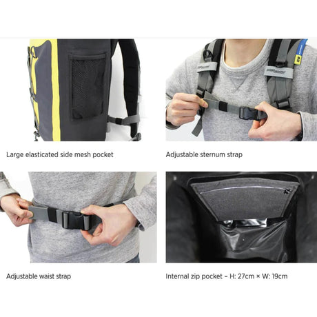 OverBoard Classic 20L wasserdichter Rucksack schwarz-gelb mit Seitentasche, Schultergurt und Hüftgurt