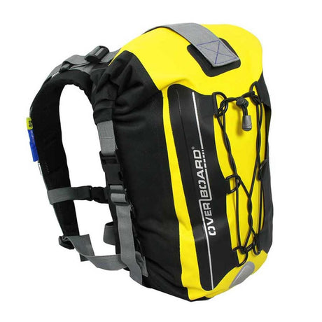 OverBoard Classic 20L wasserdichter Rucksack in Gelb-Schwarz mit gepolsterten Schultergurten, Seitenansicht