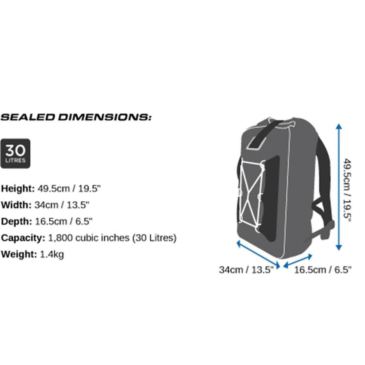 OverBoard Classic Wasserdichter Rucksack 30L in Grau, Seitenansicht mit Abmessungen und Tragegurten