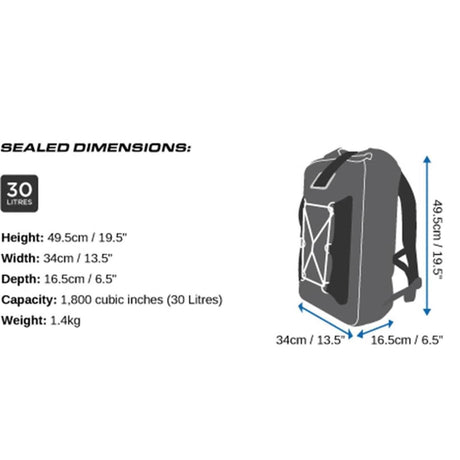 OverBoard Classic Wasserdichter Rucksack 30L in Grau, Seitenansicht mit Abmessungen und Tragegurten