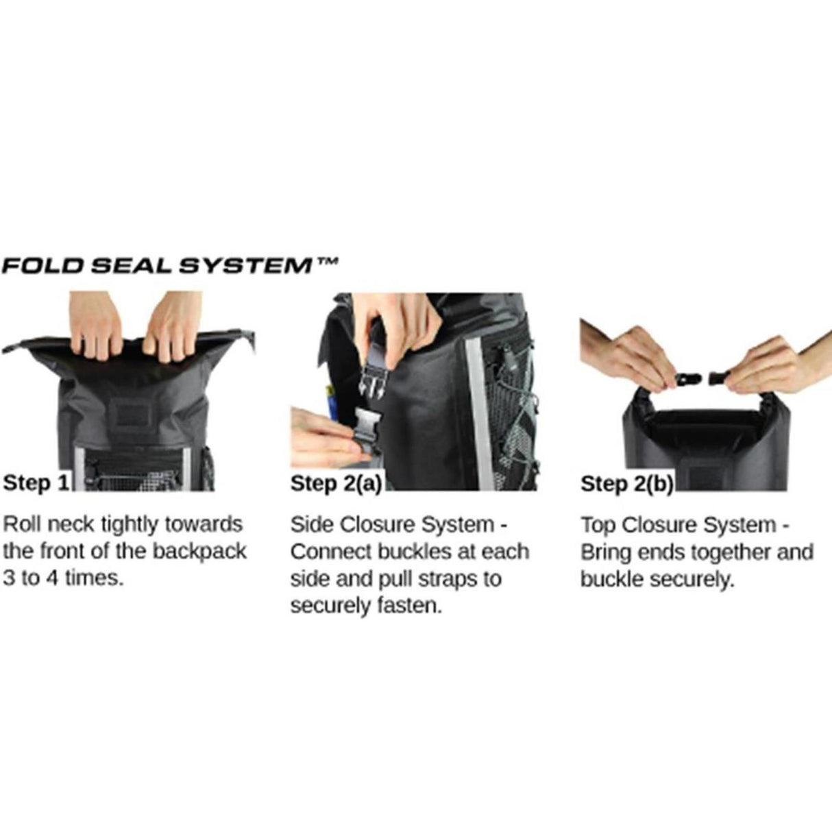 OverBoard Classic Wasserdichter Rucksack schwarz mit Fold Seal System, Verschlusssystem in Schritt-für-Schritt-Anleitung