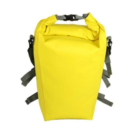 OverBoard wasserdichte SUP Kajak Tasche in Gelb mit Rollverschluss, grauen Schultergurten und Schnallenverschluss, Frontalansicht