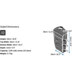OverBoard wasserdichte SUP Kajak Tasche grau, 20 Liter, mit Dimensionsangaben und Verschlusssystem