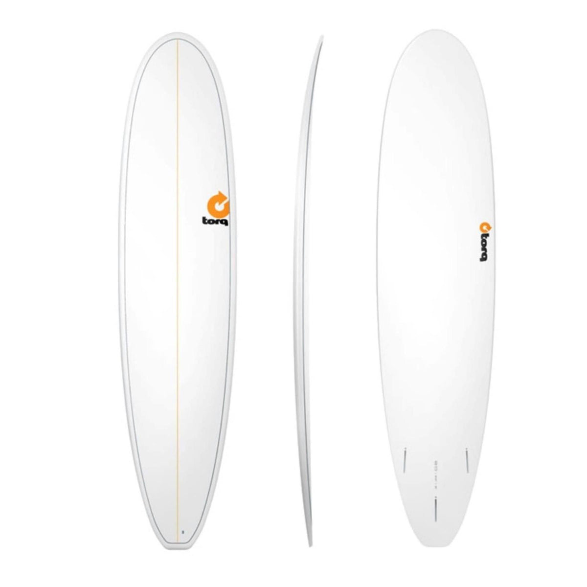 Torq TET Longboard weiß, drei Ansichten: Draufsicht, Seitenprofil und Unterseite, mit gelbem Torq-Logo