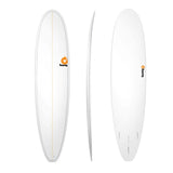 Torq TET Longboard weiß, drei Ansichten: Draufsicht, Seitenprofil und Unterseite, mit gelbem Torq-Logo