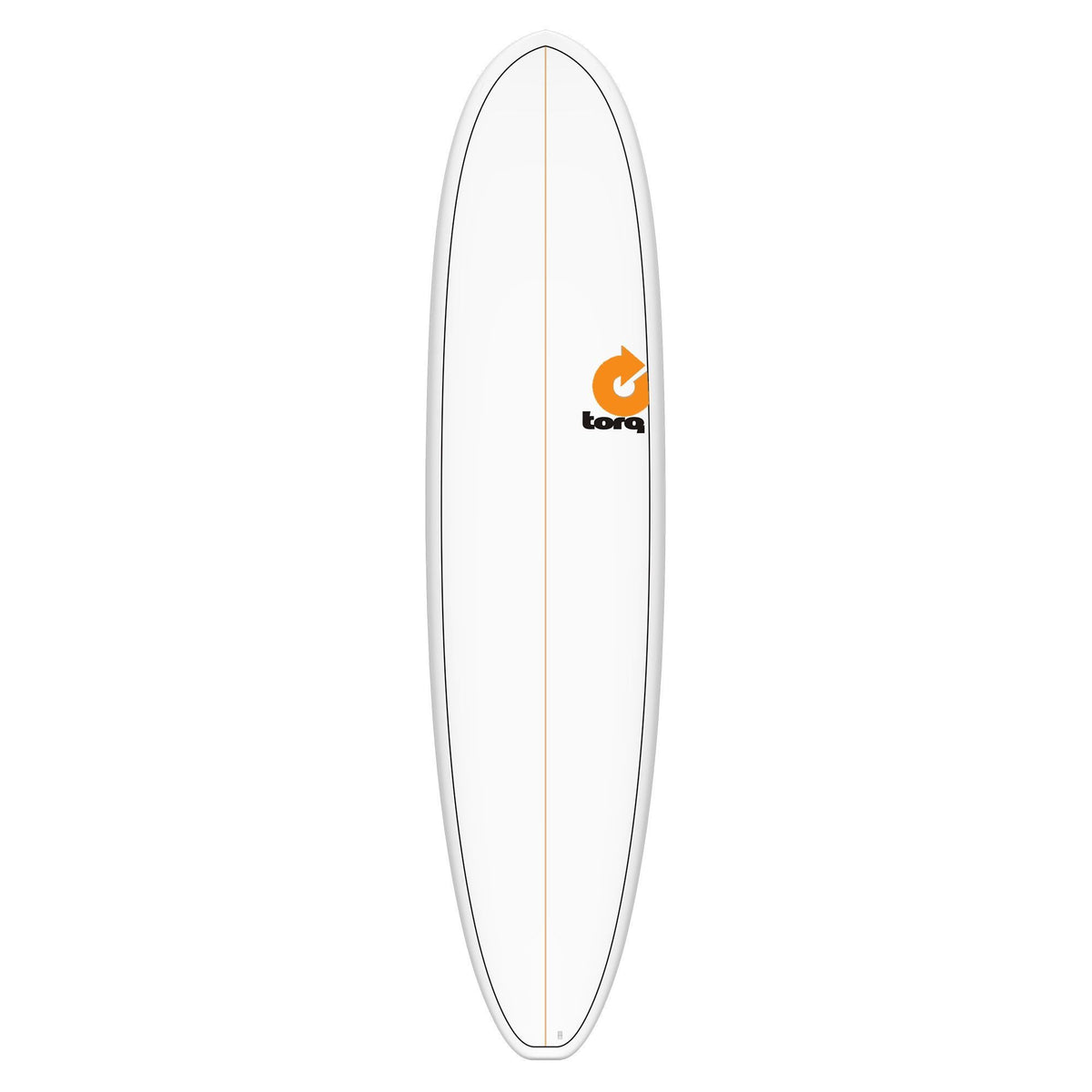 Torq TET Longboard Surfboard mit weißem Deck und grauem Rails, Draufsicht