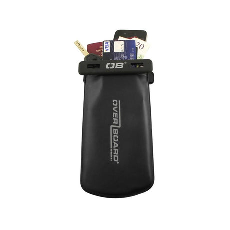 OverBoard PROSPORT Wasserdichte Gürteltasche schwarz mit Dokumenten und Kreditkarten gefüllt, Vorderansicht