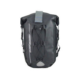 OverBoard Classic 20L wasserdichter Rucksack schwarz, Frontansicht mit Tragegurten und Verschlussdetails