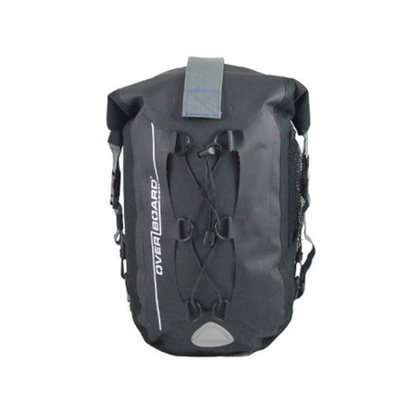 OverBoard Classic 20L wasserdichter Rucksack schwarz, Frontansicht mit Tragegurten und Verschlussdetails