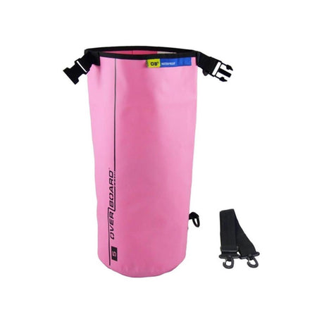 OverBoard wasserdichter Packsack 5L in Pink mit schwarzen Trägern, Rollverschluss und Ventil, Frontansicht