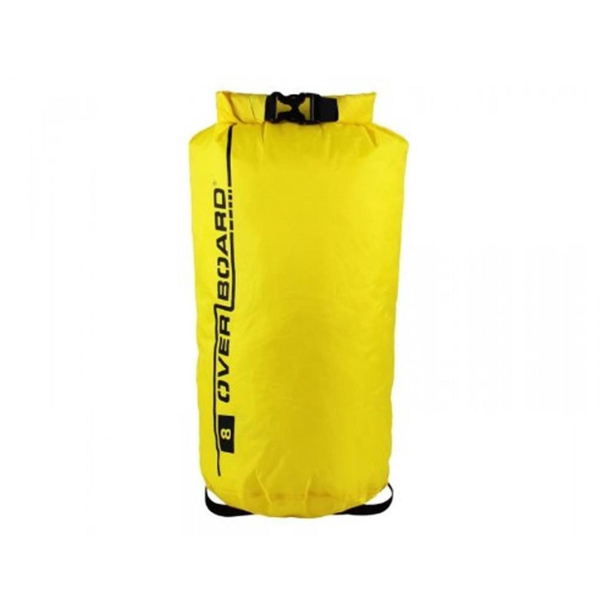 OverBoard wasserdichter Packsack in Gelb mit schwarzem Verschlussriegel, frontal fotografiert