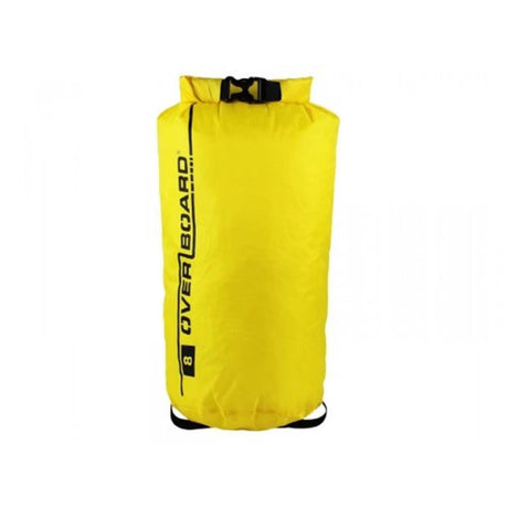 OverBoard wasserdichter Packsack in Gelb mit schwarzem Verschlussriegel, frontal fotografiert