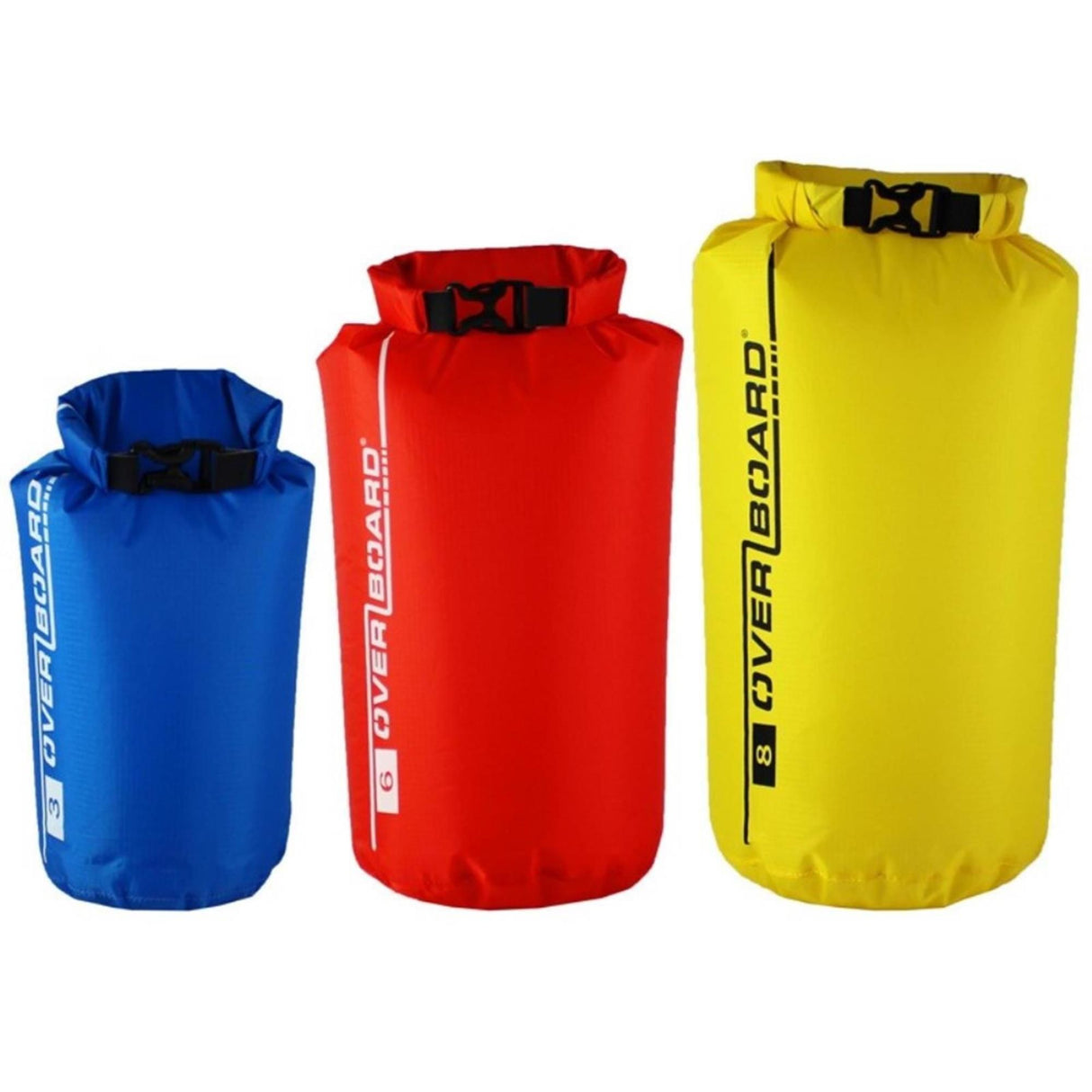 OverBoard Wasserdichte Packsäcke in Blau, Rot und Gelb mit Rollverschluss und schwarzen Verschlussbändern, Multipack-Set