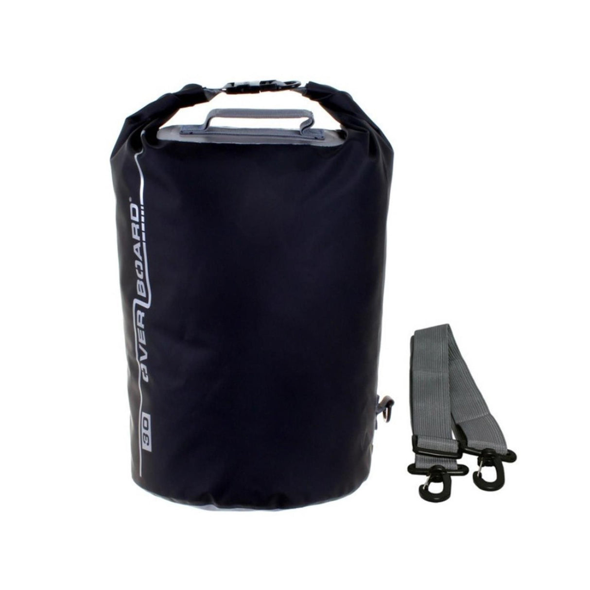 OverBoard wasserdichter Packsack 30L in Schwarz mit Rollverschluss, Tragegriffen und Schultergurt, Frontansicht