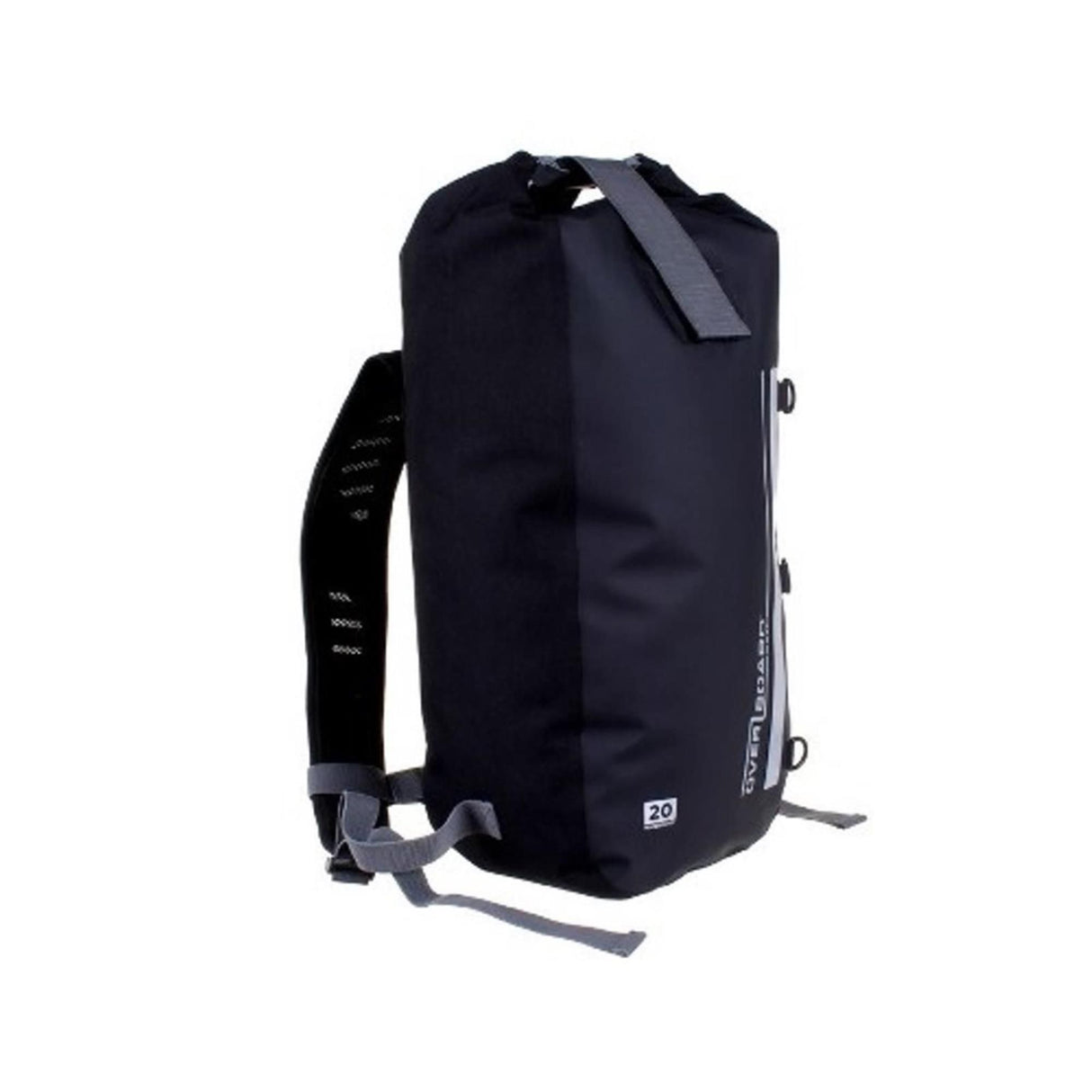OverBoard wasserdichter Rucksack 20 Liter in Schwarz mit Roll-Top-Verschluss und gepolsterten Schultergurten, Seitenansicht