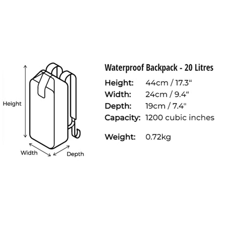 OverBoard wasserdichter Rucksack 20 Liter in Schwarz, technische Zeichnung mit Abmessungen und Trägern