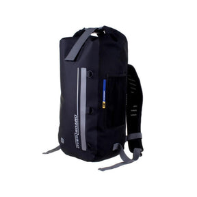 OverBoard wasserdichter Rucksack 20L, Schwarz, Seitenansicht mit gepolsterten Schultergurten und Tragegriff