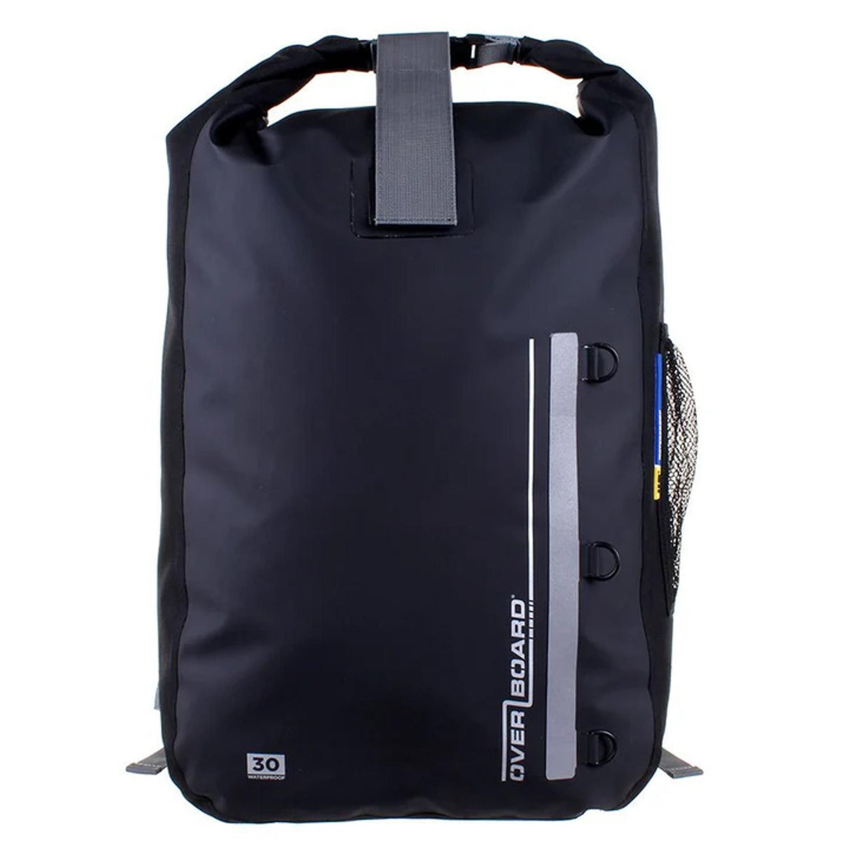 OverBoard wasserdichter Rucksack 30L in Schwarz mit reflektierendem Streifen, Frontalansicht