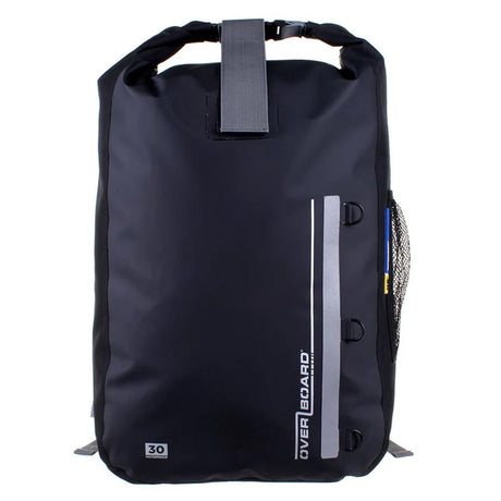 OverBoard wasserdichter Rucksack 30L in Schwarz mit reflektierendem Streifen, Frontalansicht