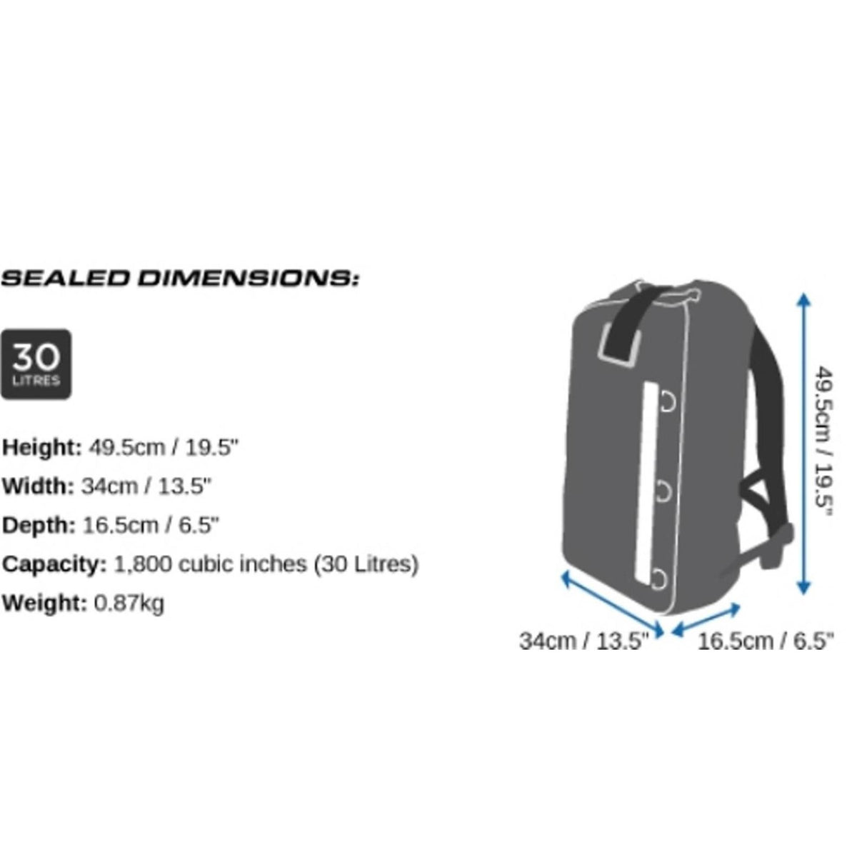 OverBoard wasserdichter Rucksack 30L grau mit Maßangaben, Seitenansicht