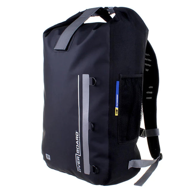 OverBoard wasserdichter Rucksack 30L in Schwarz mit reflektierendem Streifen, Fronttasche und gepolsterten Schultergurten, Frontalansicht