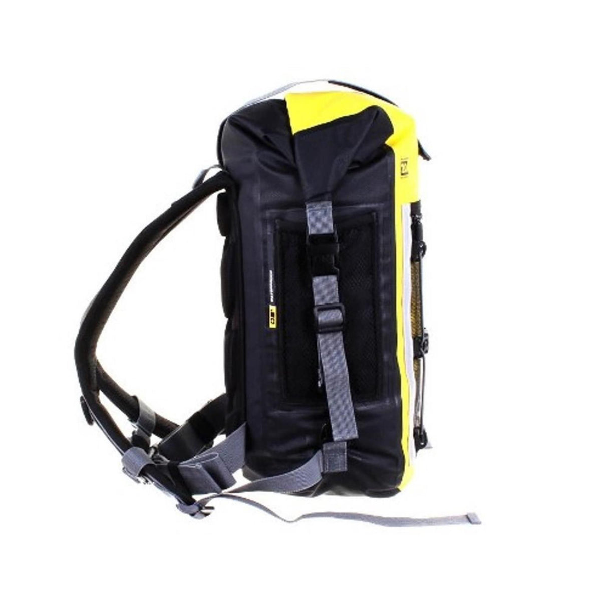 OverBoard Pro 20L wasserdichter Rucksack schwarz-gelb mit Schultergurten, Seitenansicht