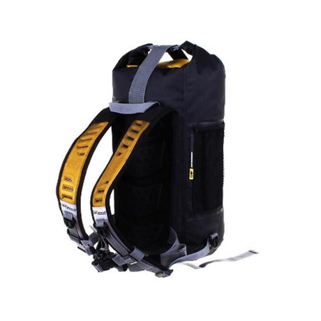 OverBoard wasserdichter Rucksack Pro 20L in Schwarz mit gelben Schultergurten, Frontalansicht