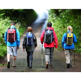 OverBoard wasserdichter Rucksack Pro 20L in Rot, Blau, Schwarz und Gelb, getragen von vier Wanderern auf einem Waldweg, Rückansicht