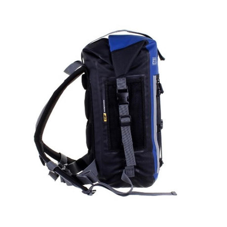 OverBoard wasserdichter Rucksack Pro 20L in Blau-Schwarz, Seitenansicht mit Schultergurten und Tragegriffen