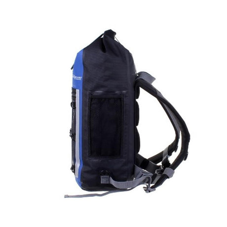 OverBoard Pro 20L wasserdichter Rucksack in Marineblau und Blau, Seitenansicht mit Rollverschluss und Schulterriemen