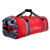 OverBoard Duffel Bag Pro wasserdichte Sporttasche rot mit schwarzen Henkeln und grauen Applikationen, Seitenperspektive