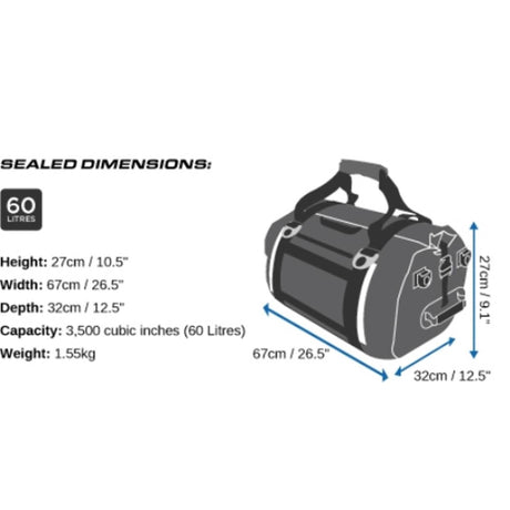 OverBoard Duffel Bag Pro schwarz, 60 Liter Reisetasche mit Maßangaben und Tragegriffen, Seitenansicht