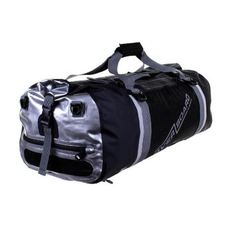 OverBoard Duffel Bag Pro, Wasserdichte Reisetasche in Schwarz und Grau mit Schultergurt, Seitenperspektive
