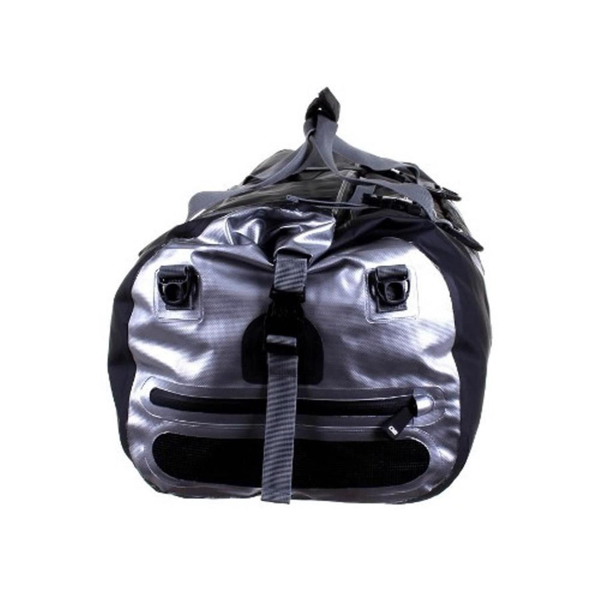 OverBoard Duffel Bag Pro schwarze wasserdichte Reisetasche mit Tragegriffen, Frontansicht