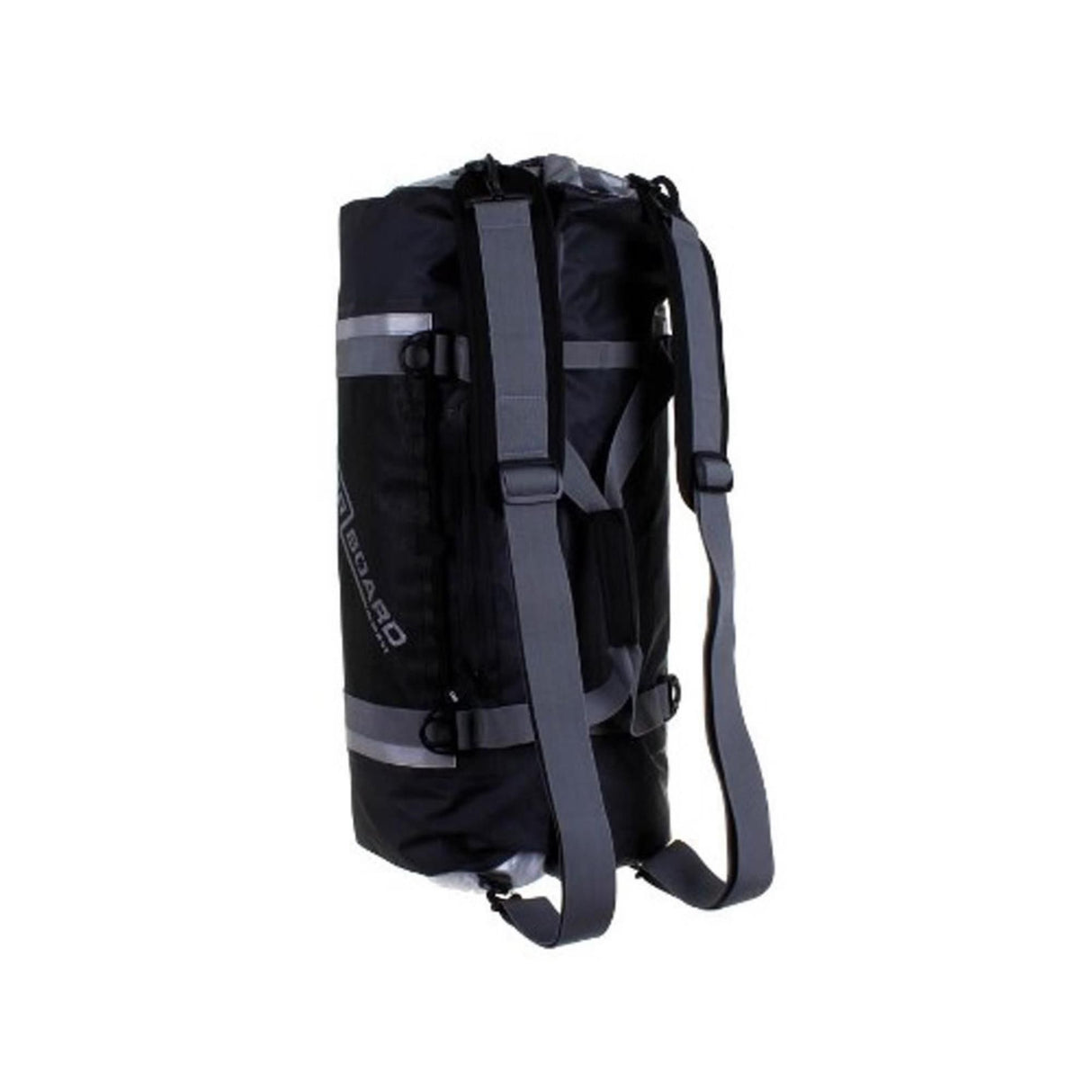 OverBoard Duffel Bag Pro schwarze wasserdichte Reisetasche mit grauem Rucksackträger und Reflektorstreifen, Ansicht von hinten
