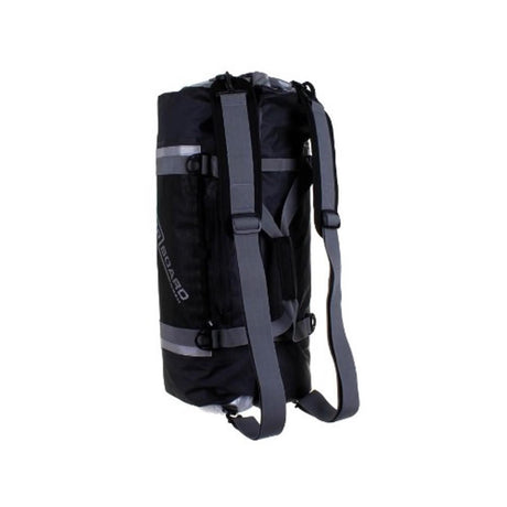 OverBoard Duffel Bag Pro schwarze wasserdichte Reisetasche mit grauem Rucksackträger und Reflektorstreifen, Ansicht von hinten