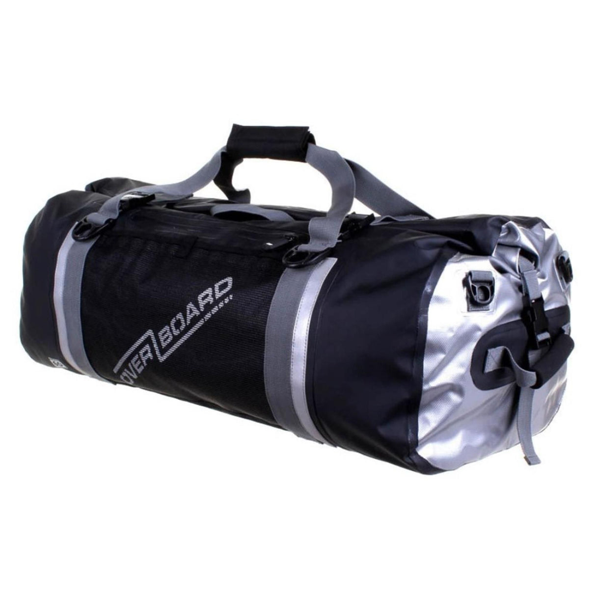 OverBoard Duffel Bag Pro, wasserdichte Reisetasche in Schwarz und Silber mit Tragegriffen, seitliche Ansicht