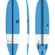 Torq TEC M2.0 Surfboard blau-weiß, drei Ansichten (oben, Seite, unten) mit Finnen
