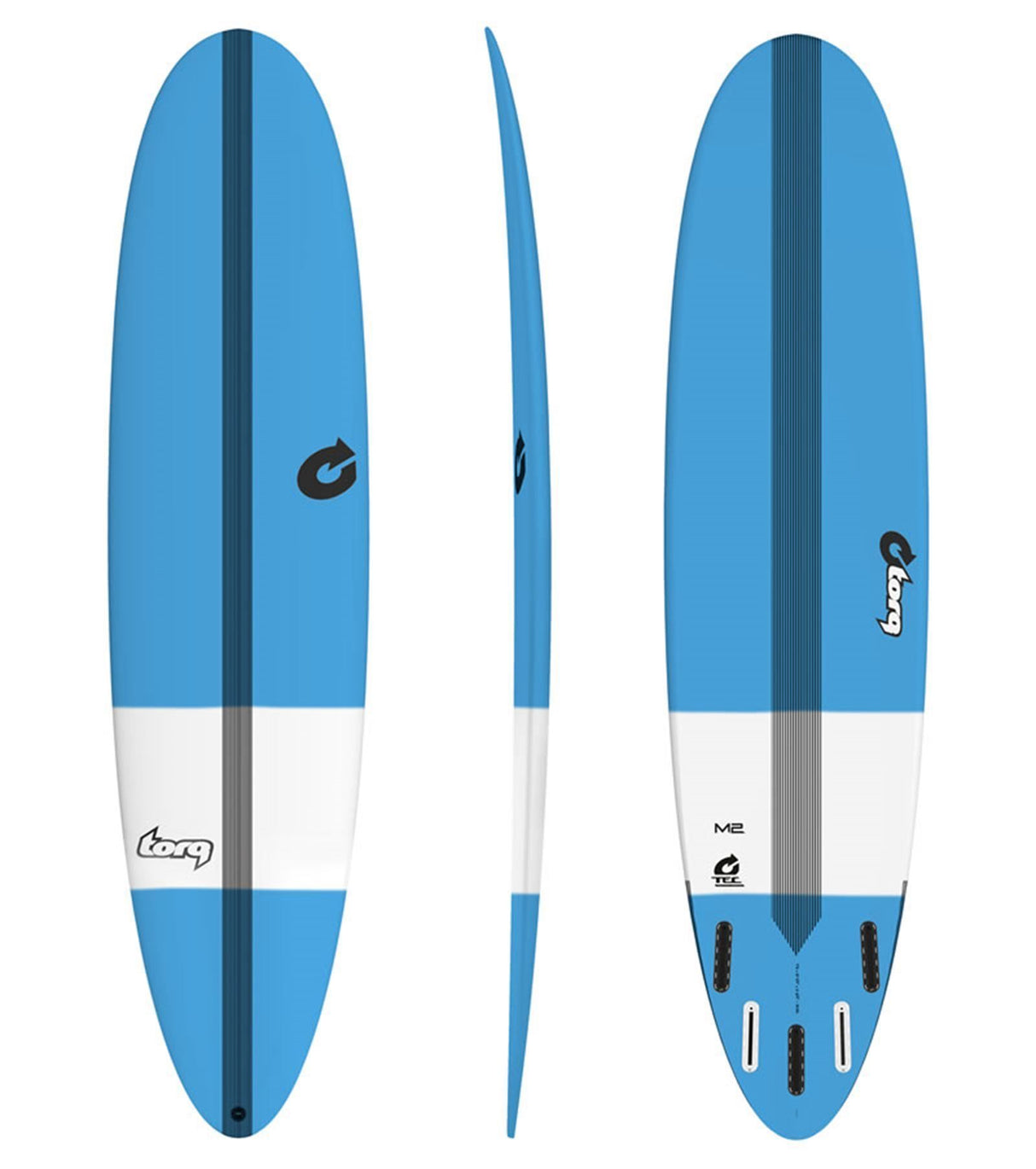 Torq TEC M2.0 Surfboard blau-weiß, drei Ansichten (oben, Seite, unten) mit Finnen