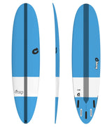 Torq TEC M2.0 Surfboard blau-weiß, drei Ansichten (oben, Seite, unten) mit Finnen