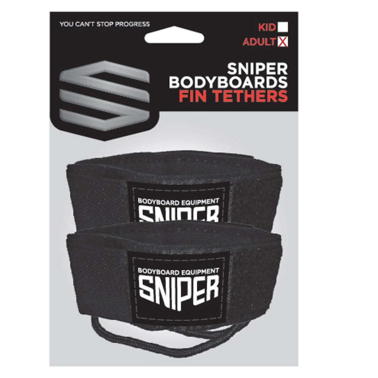 SNIPER Bodyboards Fin Tethers schwarze Neopren-Flossenleine mit Klettverschluss, Produktverpackung Vorderansicht