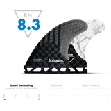 Futures Thruster Fin Set HS2 Hayden Cox Generation, schwarz-weiß mit Carbon-Honeycomb-Struktur, Seitenansicht