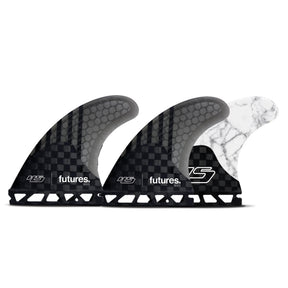 Futures Thruster Fin Set HS2 Hayden Cox Generation, schwarze und weiße Flossen mit Wabenmuster, Seitenansicht