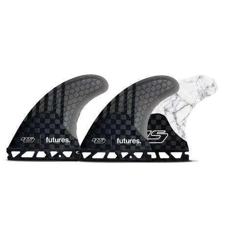 Futures Thruster Fin Set HS2 Hayden Cox Generation, schwarze und weiße Flossen mit Wabenmuster, Seitenansicht