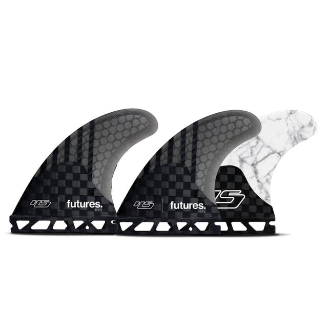 Futures Thruster Fin Set HS2 Hayden Cox Generation, schwarze und weiße Flossen mit Wabenmuster, Seitenansicht